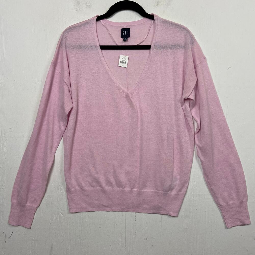 Gap Women's Pink V-neck Linen Blend Lightweight Pullover Sweater Size S Tall NWT